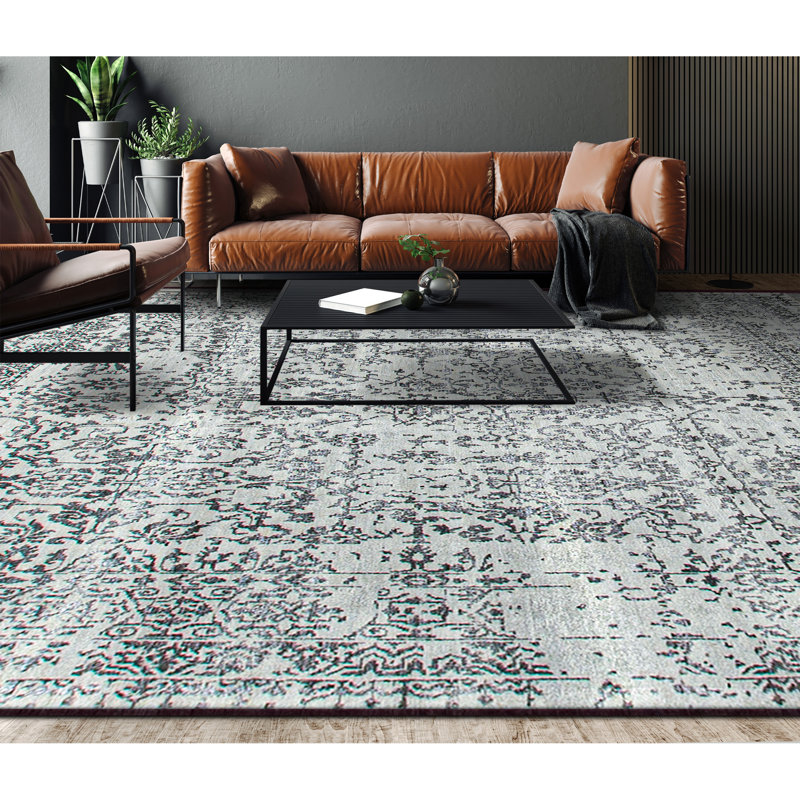 Tapis noir et argent de haute qualité noué à la main, Rectangle 9 pi x 12 pi
