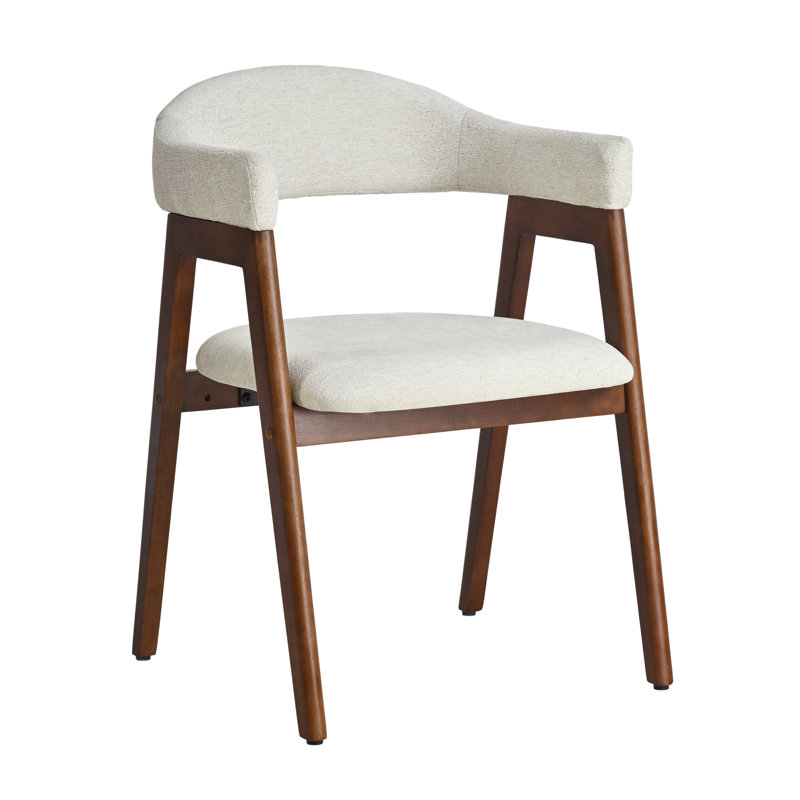 Chaise rembourrée de style Mid-Century avec dossier courbé et pieds en bois massif, Beige