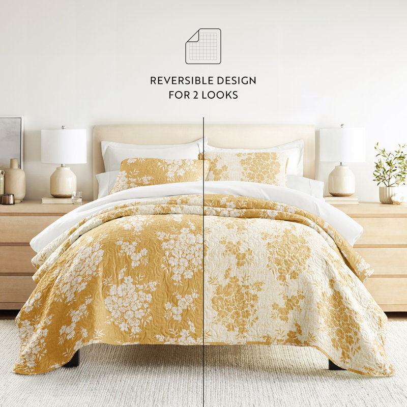 Quilt Set- Lightweight - All Season Quilted Coverlet - Distressed Bouquet, Full/Queen Quilt + 2 Standard Shams , Mustard