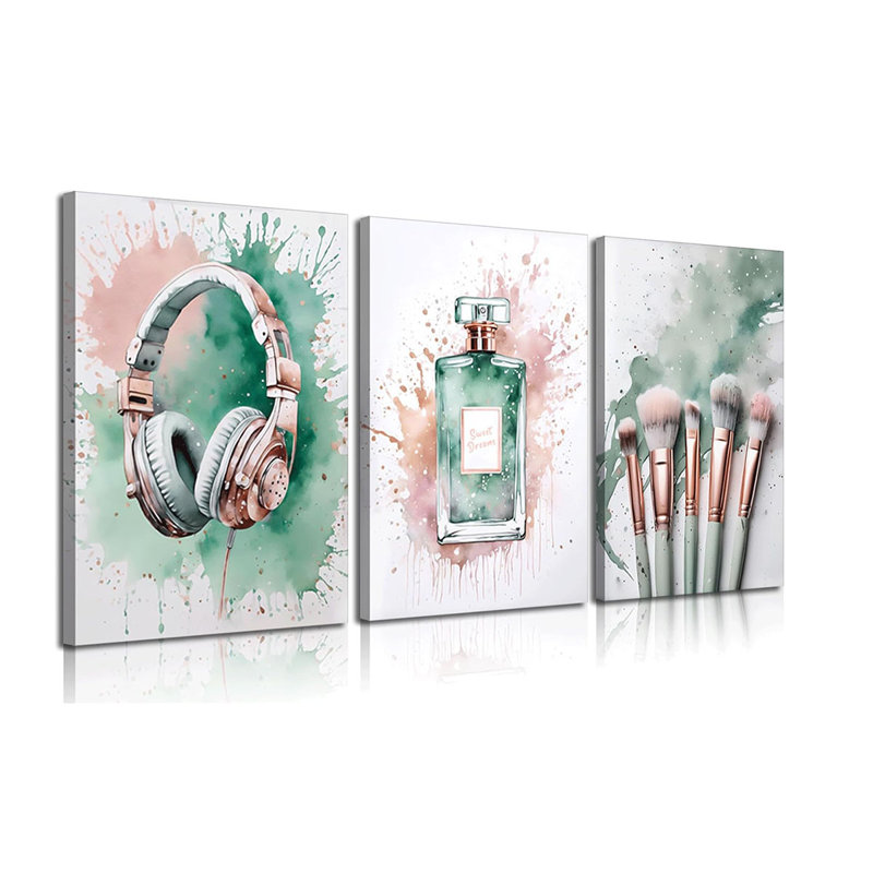 3Pcs Framed Tween Teen Bedroom Wall Art Picture Sage Green Prints Music Lover Teenager Poster Perfume Makeup Brushes And Headset Wall Decor
