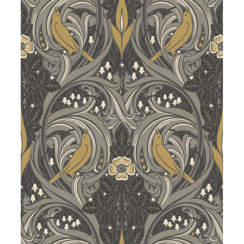 Mamadou Bird Scroll 10.05 m x 53 cm Matte Wallpaper Roll, Charcoal/Grey/Yellow