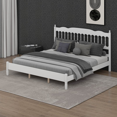 Wood  Bed Frame with Spindle Headboard,Mid-Century Modern Platform Bed with Slat Support and Under-Bed Space