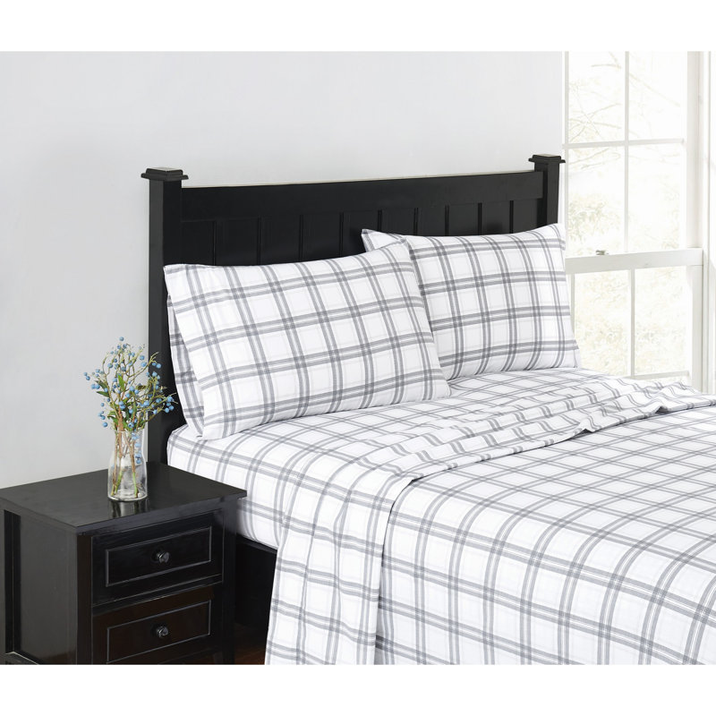 London Fog Classic Cozy Solid Flannel Sheets, Twin Sheet Set + Fitted Sheet + 1 Pillowcase, Plaid, White/Gray