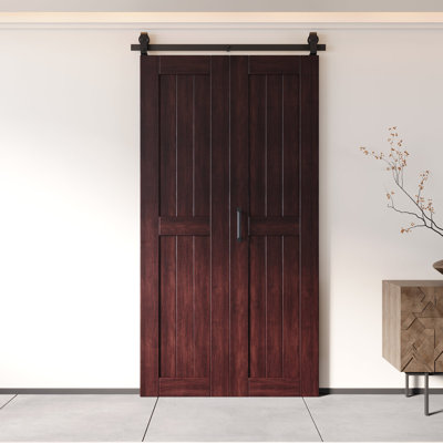 Homacer 80“ High Unassembled & Finished Red Mahogany Barn Door, Two 24" x 80" Doors with Bi-Fold Top Mount Hardware Kit