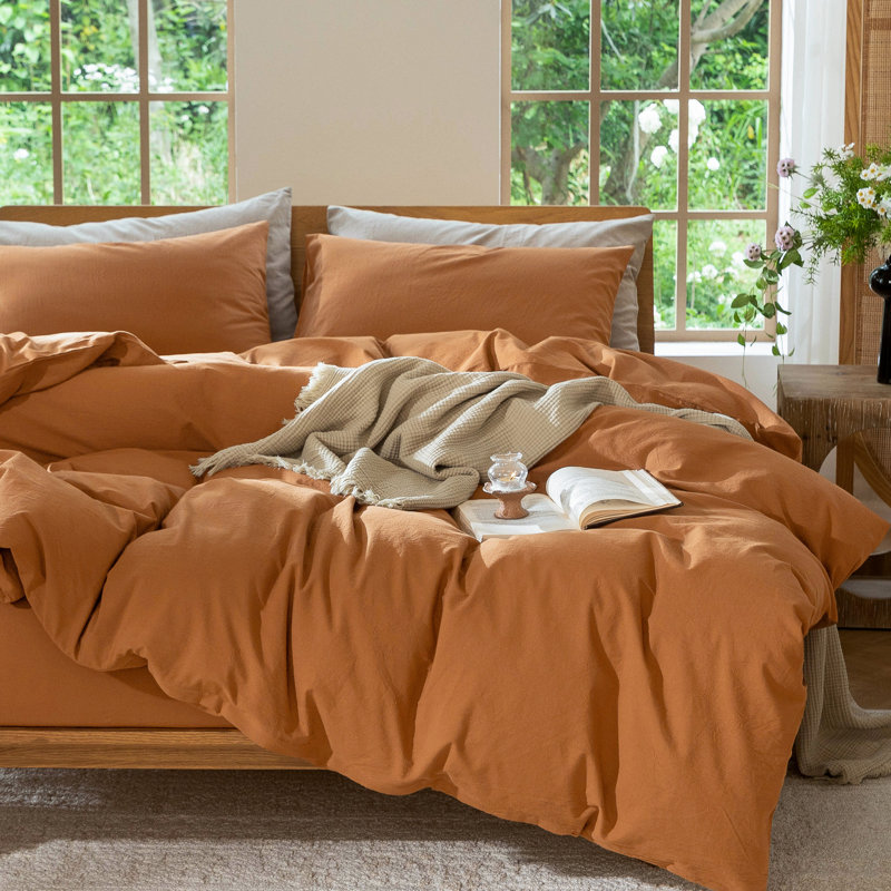 Ensemble de housse de couette légère avec fermeture à glissière 8 attaches 100% coton lavé MooMee, Orange brûlé
