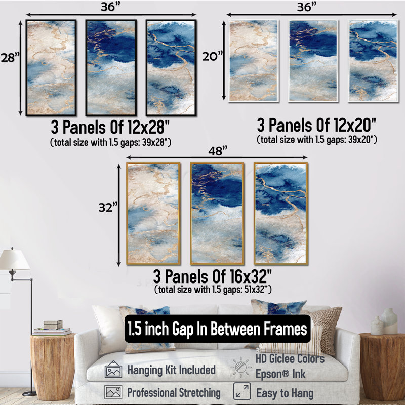 «Blue and Gold Marble Clouds III», reproduction de cadre flottant sur toile 3 pièces, Cadre noir, H 20 po x l 36 po x P 1 po