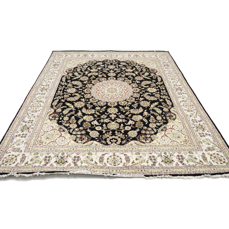 Tapis noir traditionnel indien à motif floral noir 8 x 10, Rectangulaire 8 pi x 10 pi