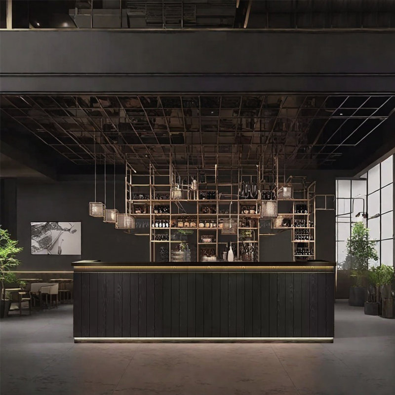Rustic Style Bar Front Desk with Storage and Bar Counter, Black