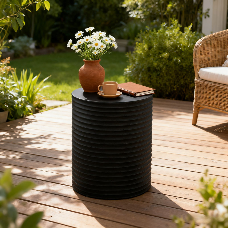 Aneiro Ribbed Concrete Outdoor Side Table, Black