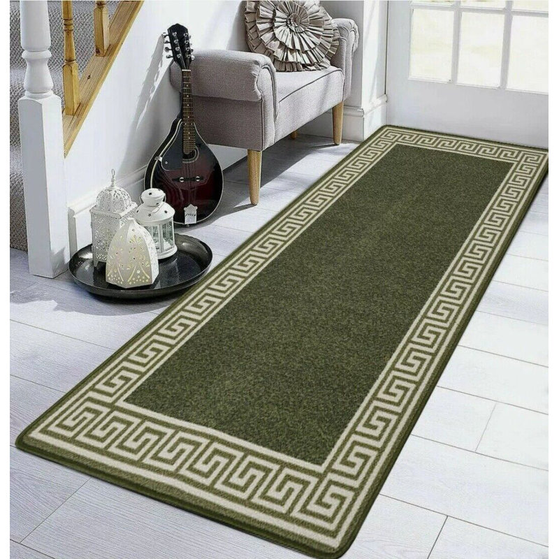 Plain Rug with Greek key Bordered Gel backed Rug Amyiah Green/Cream Rug, Rectangle 120 x 170cm