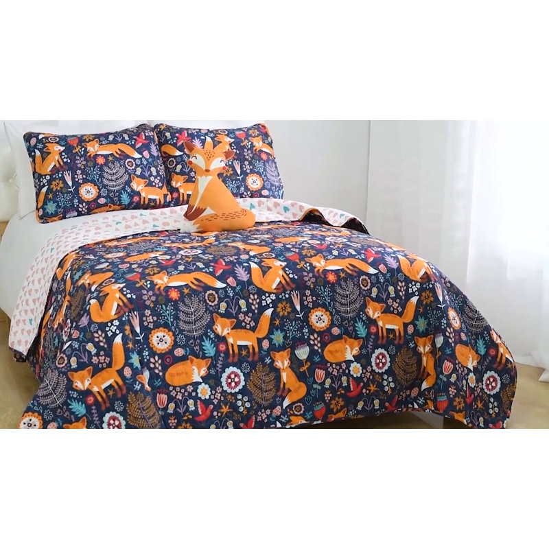 Purple and Pink Fox Print Reversible Twin Quilt Set