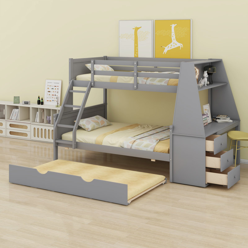 Lit superposé avec lit gigogne et bureau, tiroirs de rangement et tablette, gris