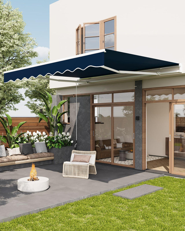 Auvent rétractable de 12 pi x 10 pi, auvent à manivelle manuel, pare-soleil imperméable pour balcon, Bleu marine foncé