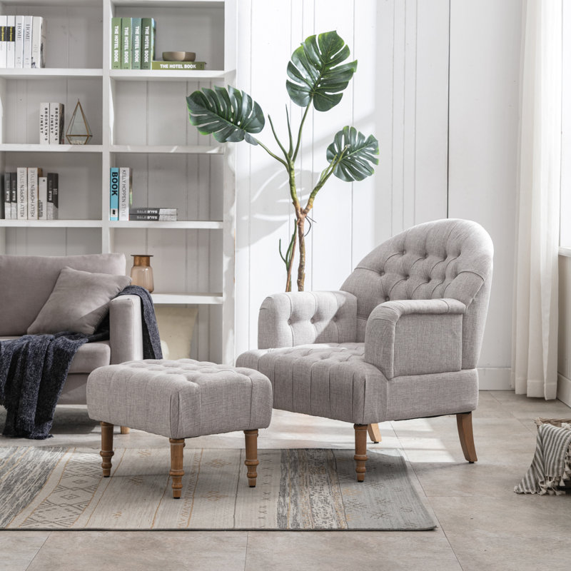 Fauteuil et repose-pieds en lin touffeté de 31,08 po Beedie, 100 % lin gris