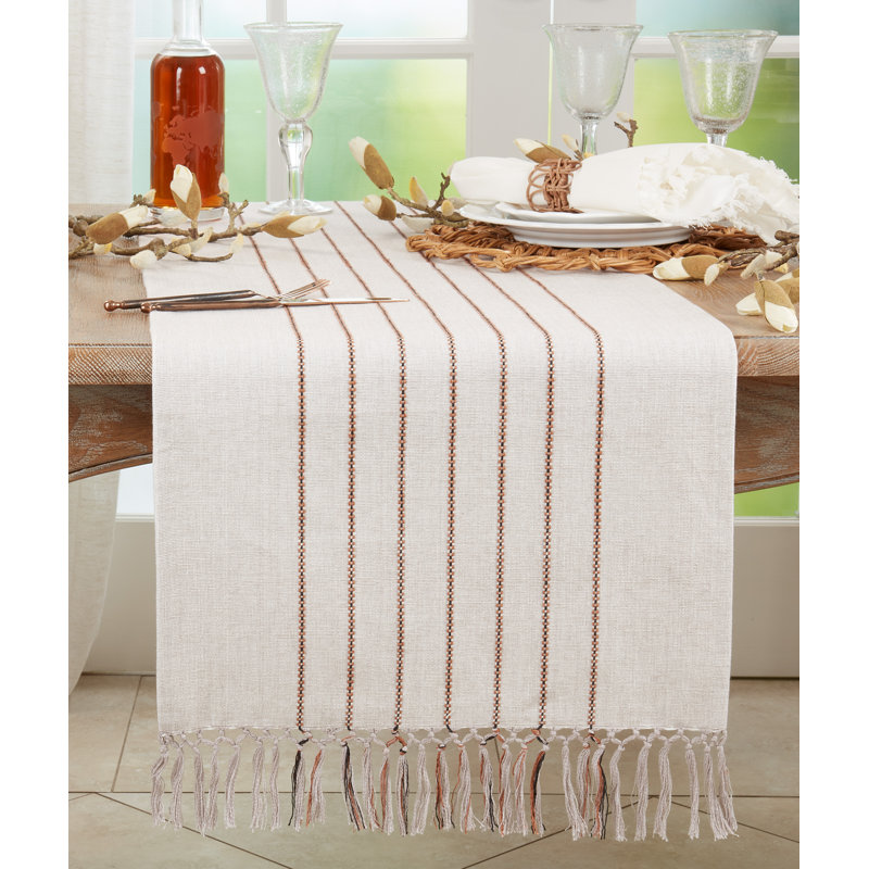 Gray Cotton Striped Dinner Table Runner with Fringes