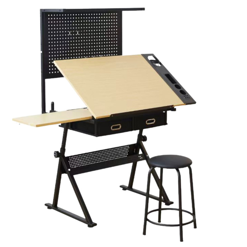 Table à dessin réglable avec panneau perforé en métal, brun noir