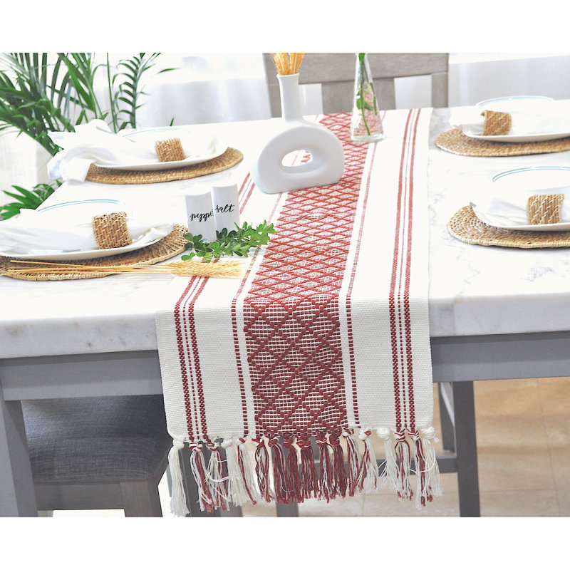 Boho Cotton Woven Table Runner With Tassels, 48" x 14", Rust Brown