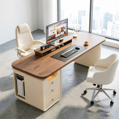 Vintage Cream Office Desk with 3-Drawer Side Storage Cabinet, Suitable for Multiple Scenarios