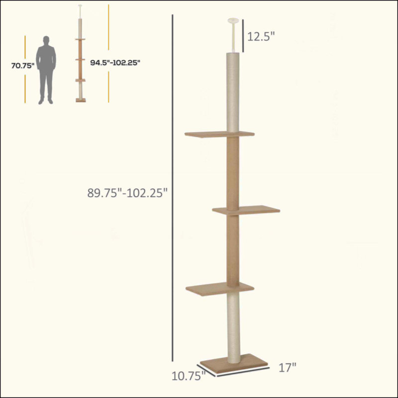 Arbre à chat, du sol au plafond, centre d'activité pour arbre à chat, 102.3"H x 17"W x 10.8"L, Brun clair / jaune