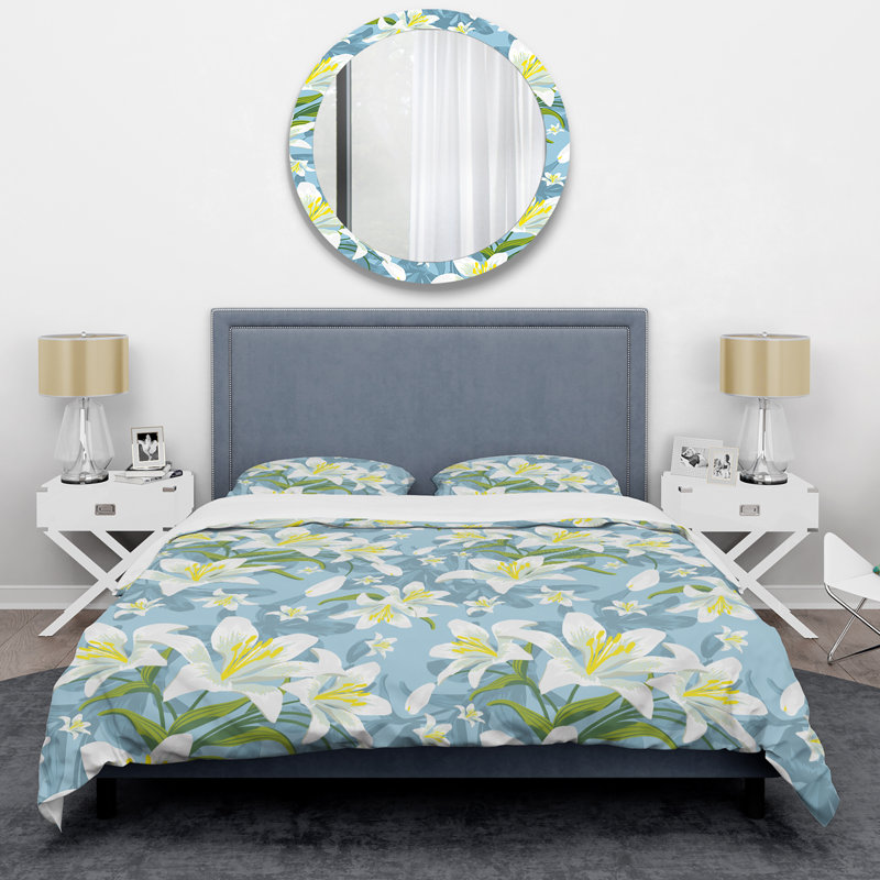 Floral blanc et feuille verte - ensemble de housse de couette floral - microfibre de polyester