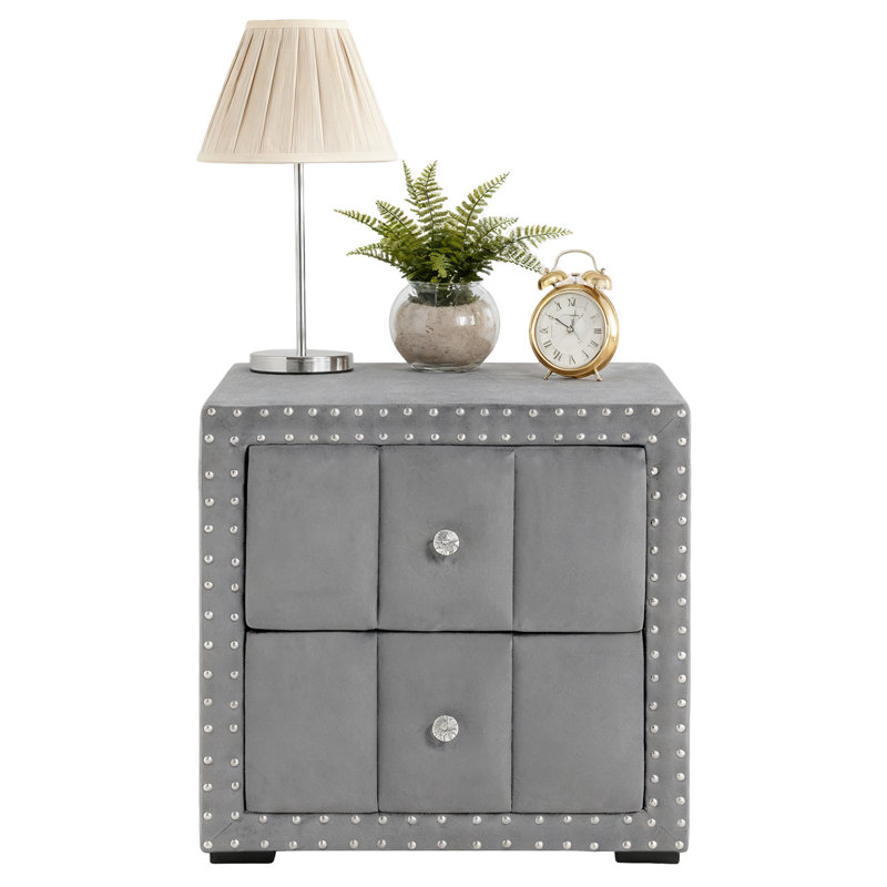 Table de chevet rembourrée à 2 tiroirs avec garniture cloutée pour la chambre à coucher, aucun assemblage requis, Gris