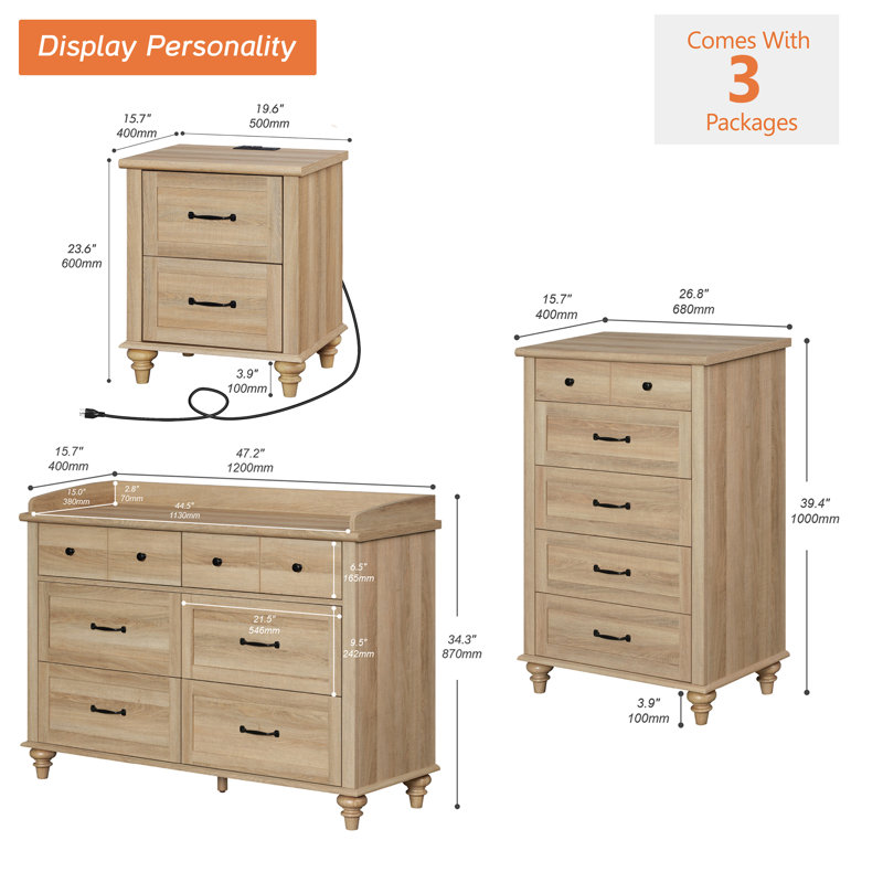 L'ensemble de chambre à coucher 3 pièces comprend une commode à 5 tiroirs, une commode à 6 tiroirs et une table de chevet avec tiroir
