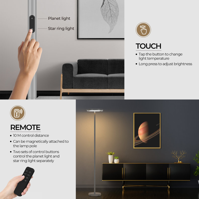 Fimei Saturn Ring LED Floor Lamp – Modern Steel Torchiere Standing Lamp with Remote & Touch Control, Silver Gray