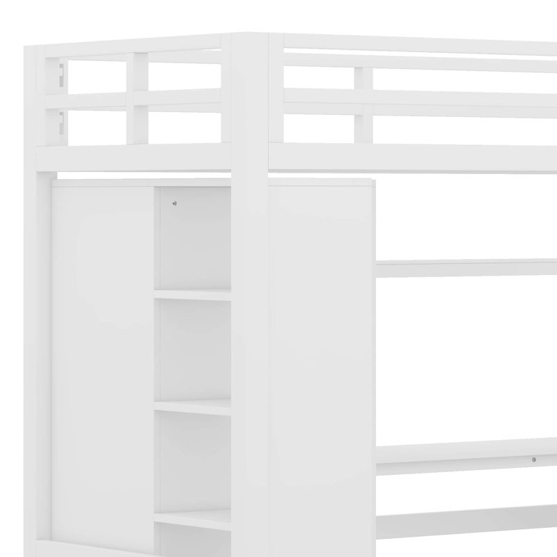 Lit mezzanine en métal avec garde-robe, bureau en L, tablettes à 5 niveaux et ports USB, poste de travail peu encombrant