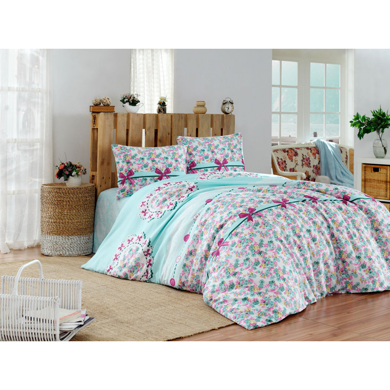Ensemble de housse de couette 3 pièces en mélange de coton rose / vert / jaune Esdras