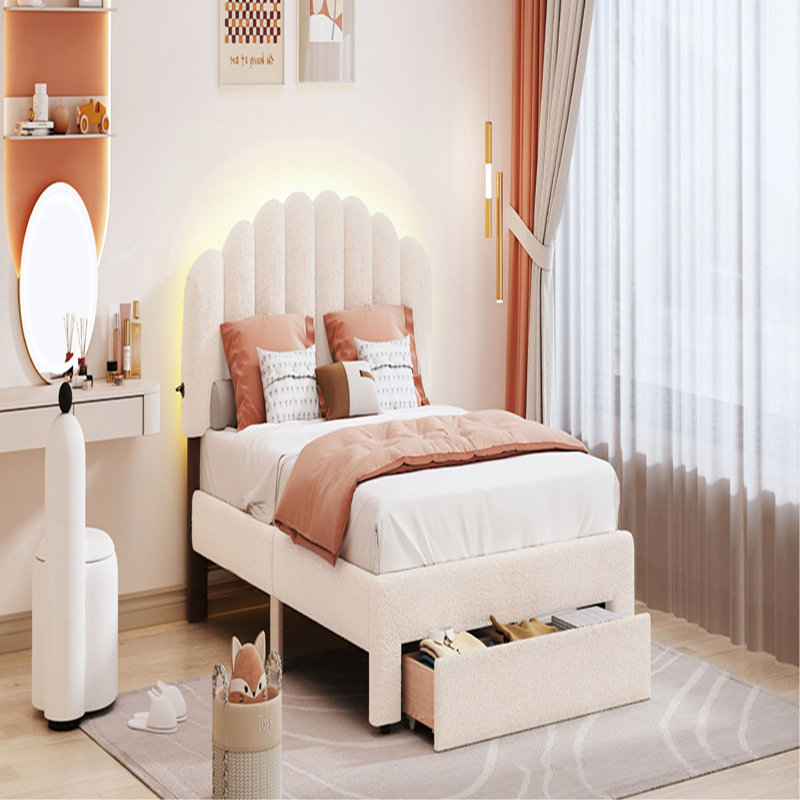 Lit plateforme tapissier avec tiroir Teddy