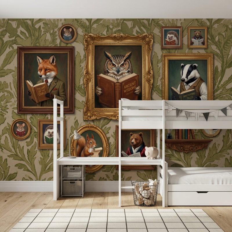 Papier peint rétro avec papier peint animaux botaniques, 120"x96", Peel and Stick