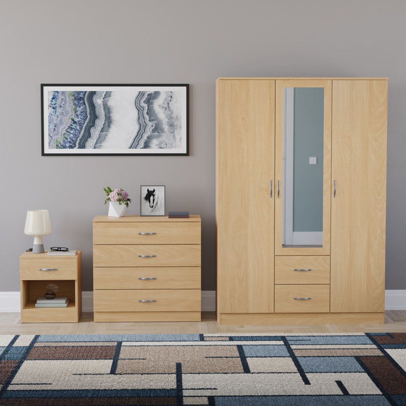 Maybery 3 Piece Bedroom Set (1 Drawer Bedside Chest, 4 Drawer Chest, 3 Door 2 Drawer Mirrored Wardrobe), (5), Pine