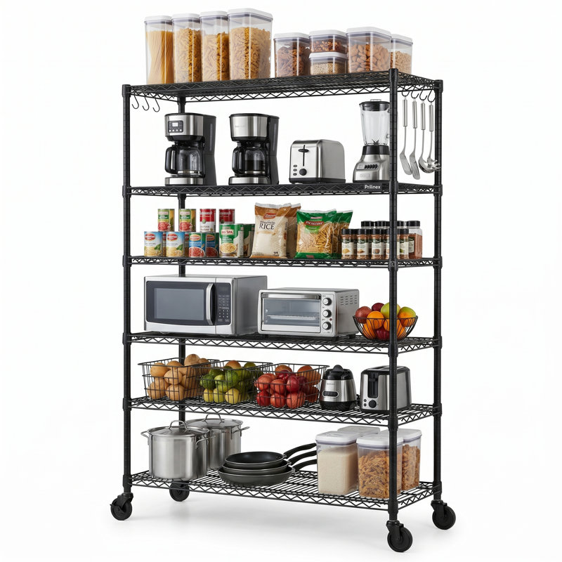  Étagère grillagée à 6 niveaux certifiée par la NSF - l 36 po x P 16 po x H 76 po composé de 4 sections réglables avec des roues et des crochets verrouillables, un support de rangement noir pour le garage, la cuisine et le garde-manger