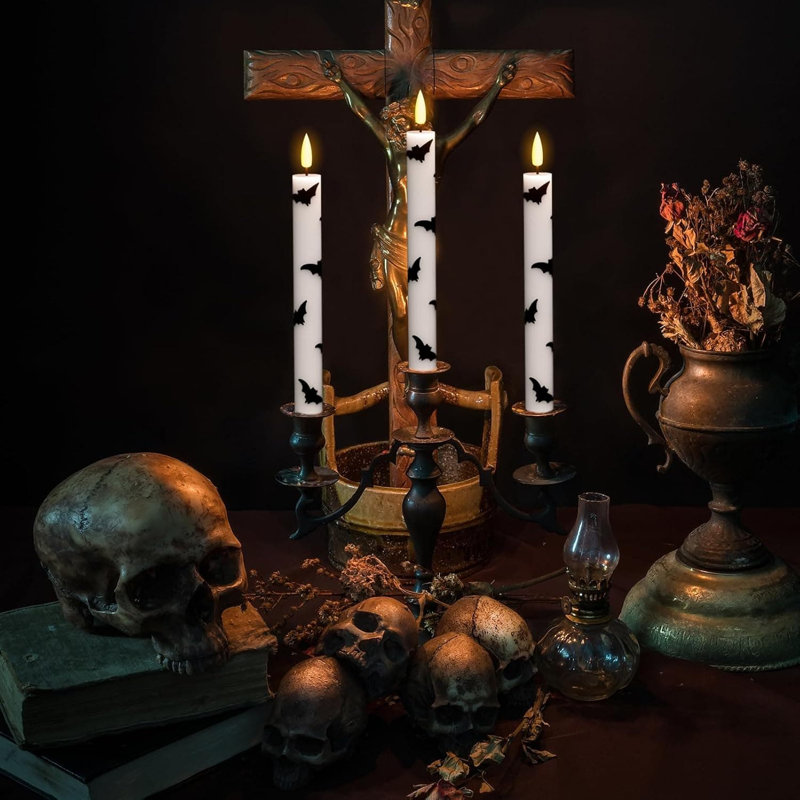 Halloween Flameless Taper Candles - 4 Pack, Remote Timer, 9.65" Flickering LED, Real Wax with Bat Prints, Battery-Operated, Halloween Decor