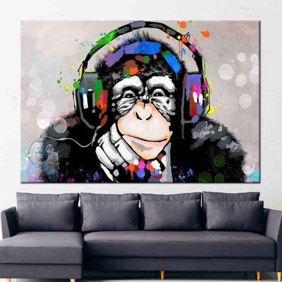 Abstract Thinking Monkey With Headphones Colorful Art Print On Canvas Ideal For Trendy Room Decor