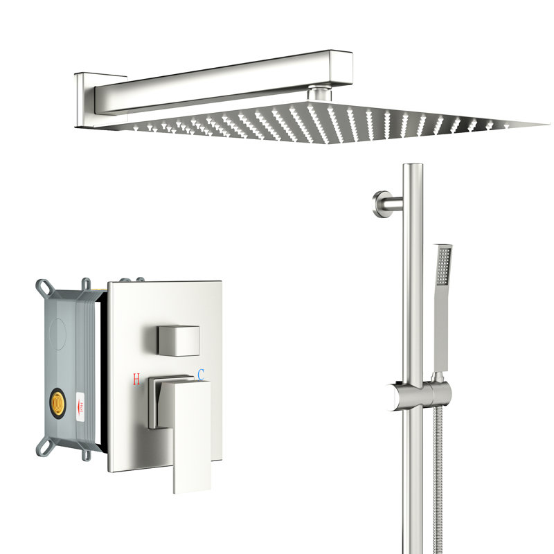 Douche carrée de 10 pouces avec valve brute, barre coulissante réglable, douche à effet pluie, installation facile à main équilibrée, nickel brossé à nettoyer,