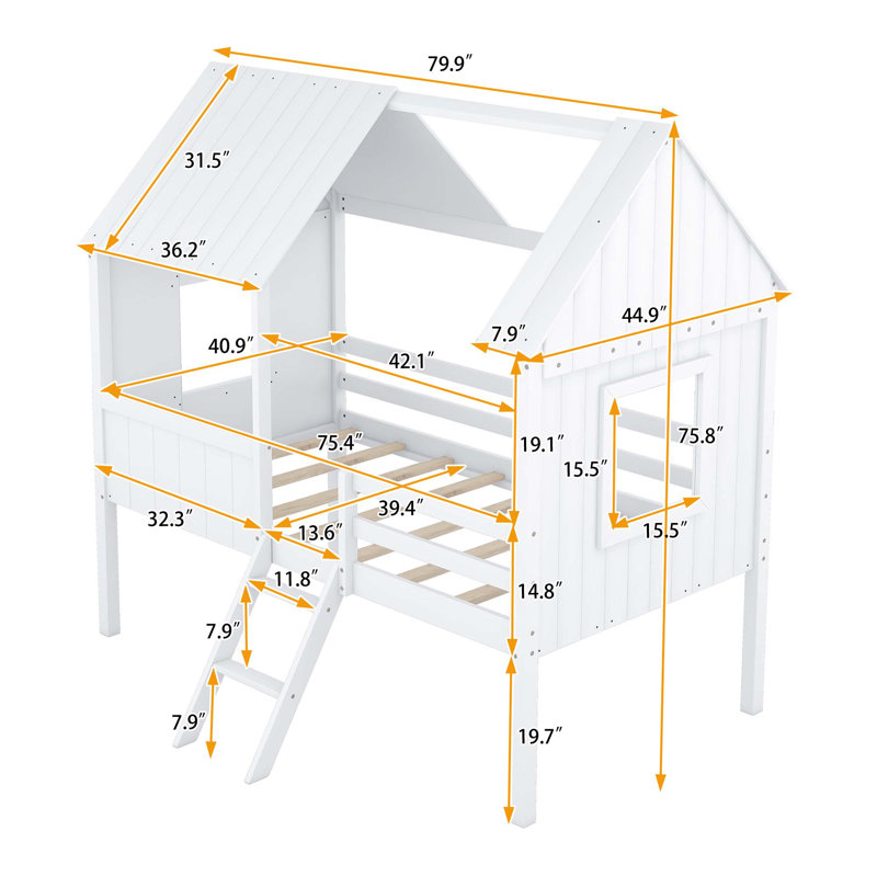 Lit mezzanine en bois avec 2 fenêtres latérales, Blanc