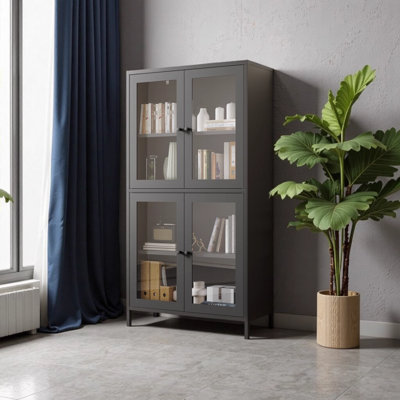 Classic Black Metal Storage Cabinet with 4 Tempered Glass Doors & Adjustable Shelves - Freestanding Display Cabinet for Home Office Living Room Kitche