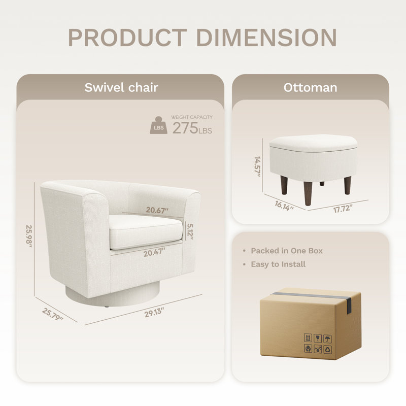 Fauteuil demi-tonneau pivotant avec repose-pieds, Beige