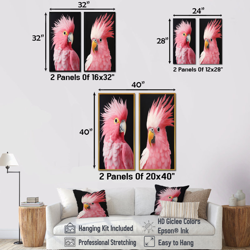 Perroquet rose au paradis I - ensemble de 2 impressions sur toile perroquet, Cadre noir, H 40 po x l 41 po