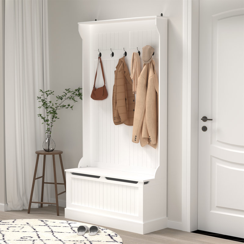 Multi-Use Hall Tree With Shoe Storage Bench And 5 Hooks, Elegant White Entryway Organizer