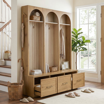 Arbre d'entrée en chêne naturel style campagnard avec structure arquée, banc rembourré, tiroirs et 8 crochets en métal, rangement polyvalent pour le salon et le salon