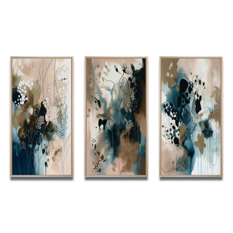 3 pièces sur toile - reflets abstraits bleus, H 20 po x l 36 po, Cadre naturel flottant