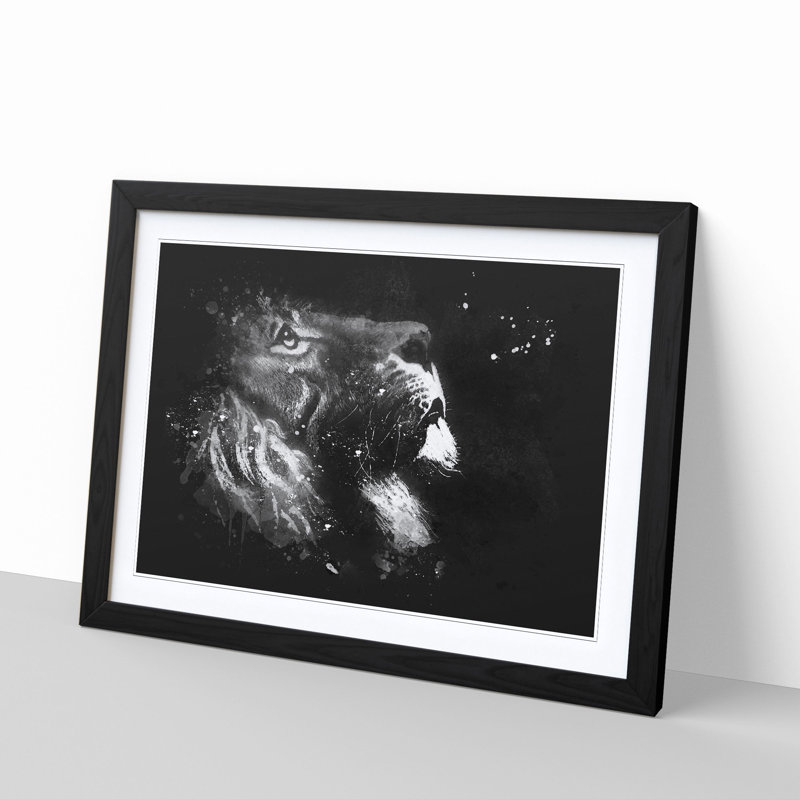 Majestic Lion Illustration - Picture Frame Graphic Art Print, 24cm H x 33cm W x 2cm D, Black Framed
