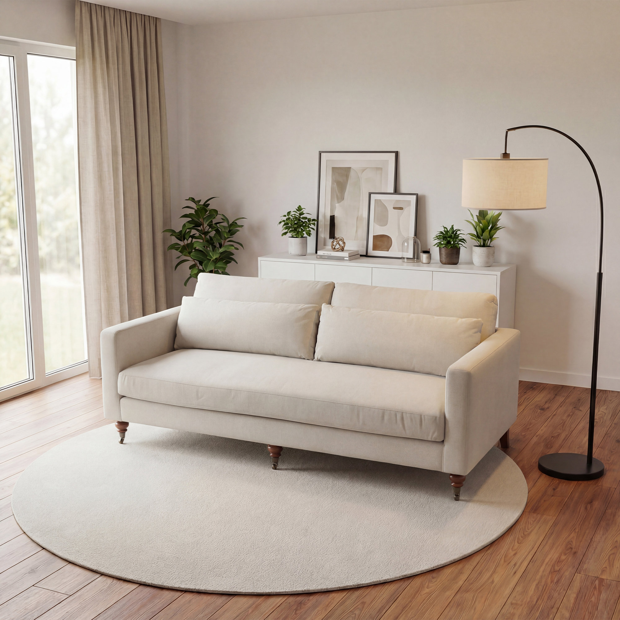 84" Wide Track Arm Sofa With Castor Legs, White