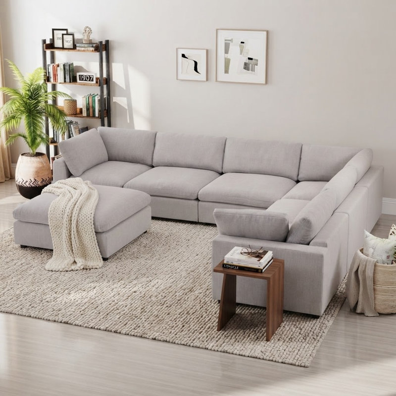 Canapé modulaire rembourré avec repose-pieds 7 pièces Nuccio, Gris clair