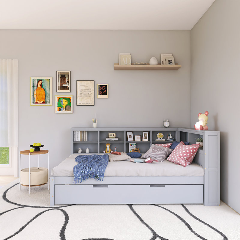 Lit de jour avec lit gigogne simple, lit de jour avec tablette de rangement et ports de chargement USB, Gris