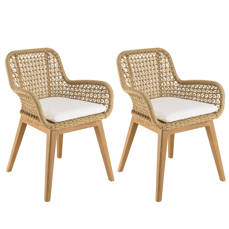 Set Of 2 Teak Garden Armchairs With White Cushion