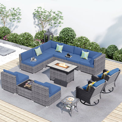 Ensemble de mobilier de patio pour 10 personnes avec chaises berçantes pivotantes, ensemble de conversation modulaire en rotin et osier avec coussins, ensemble de conversation pour canapé toutes saisons avec foyer pour table de jardin 