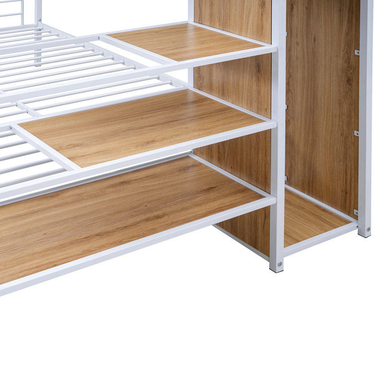 Lit superposé en métal avec échelle de rangement latérale et garde-robe, Blanc